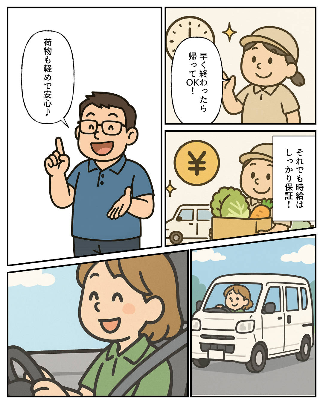 【1コマめ】早く終わったら帰ってＯＫ！ / 【2コマめ】それでも時給はしっかり保証！ / 【3コマめ】荷物も軽めで安心♪
