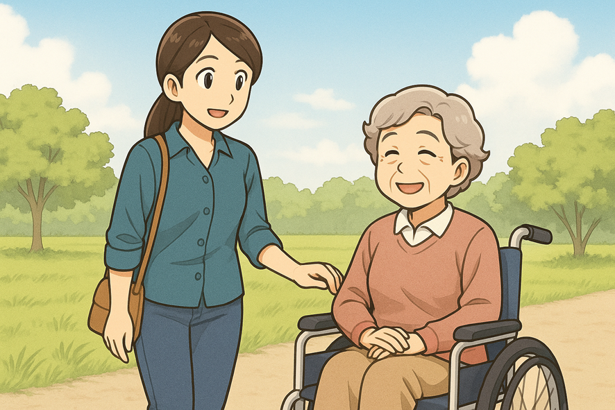 看護師が車椅子に乗った高齢者に付き添っている様子のイラスト