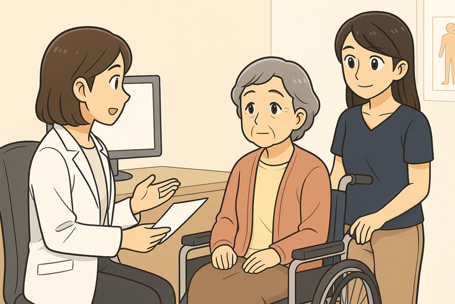診察室で医者が車椅子に乗った患者に診察内容を説明しているイラスト。患者の傍には看護師が付き添っている。