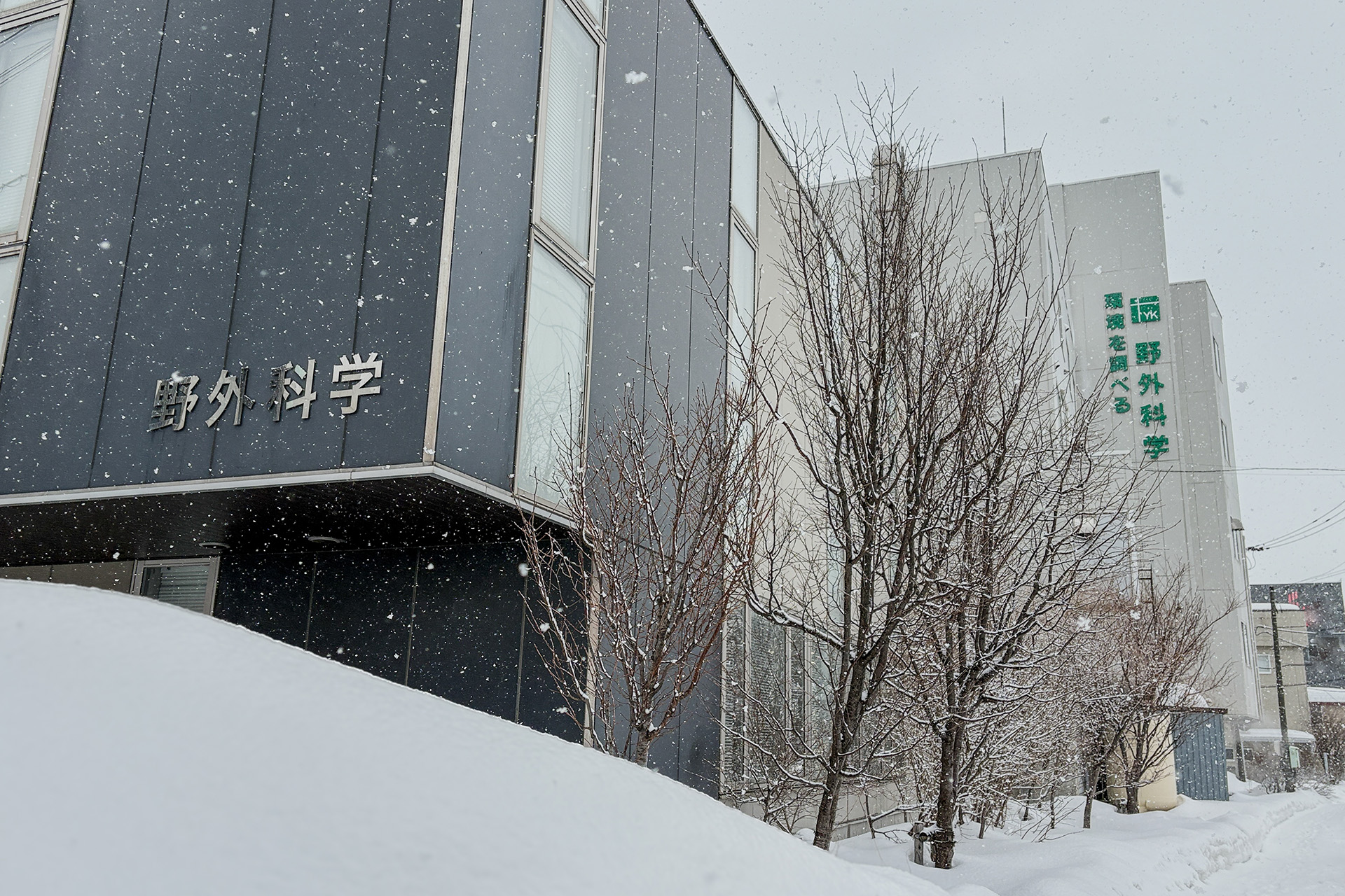 野外化学株式会社の外観（冬撮影のため積雪あり）