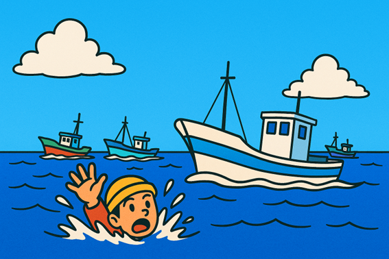 海で溺れ、近くを通りがかった船に助けを求めている人物のイラスト