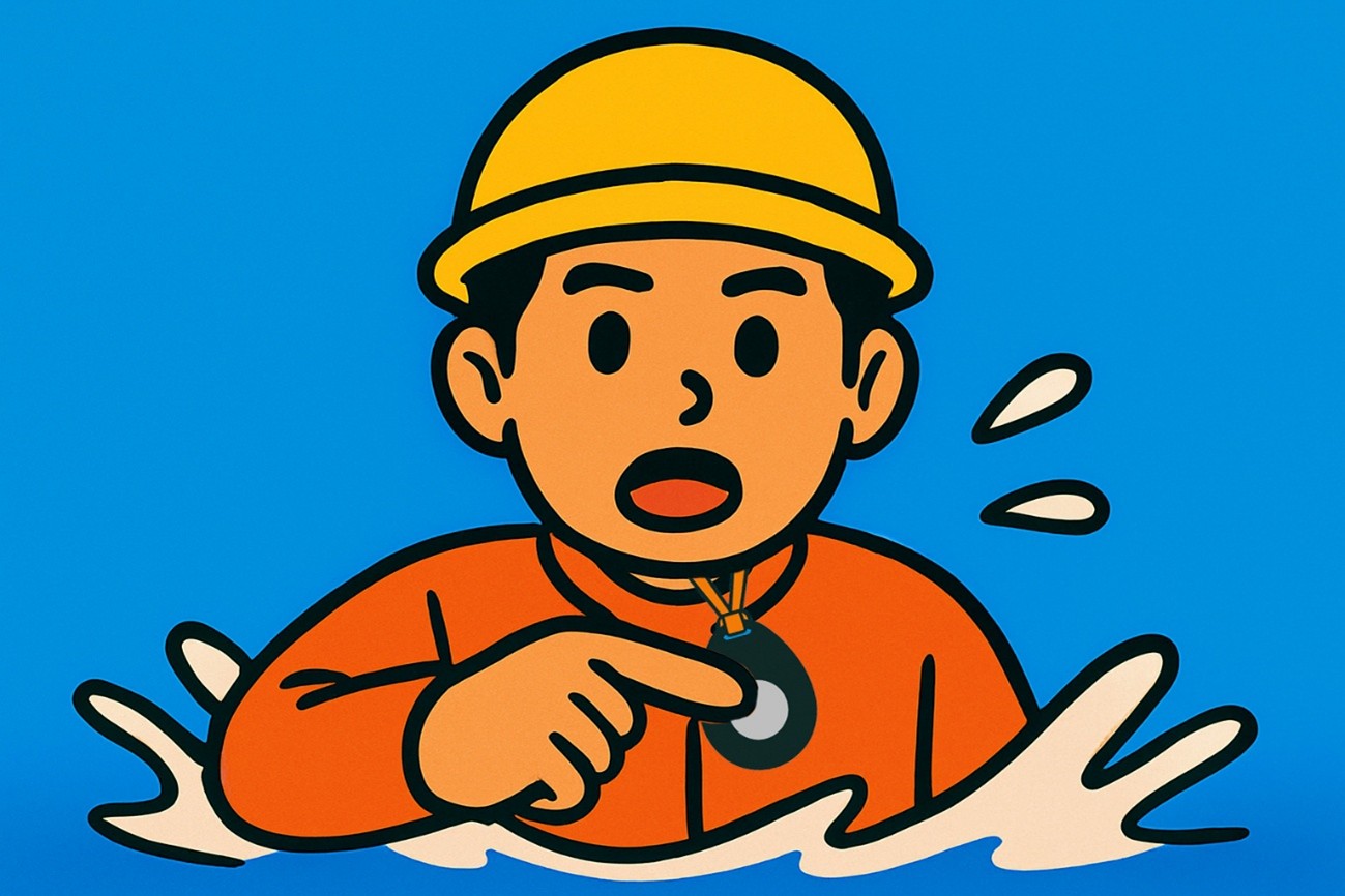 水中から上半身を出し、よびもりの発信ボタンを押している人物のイラスト