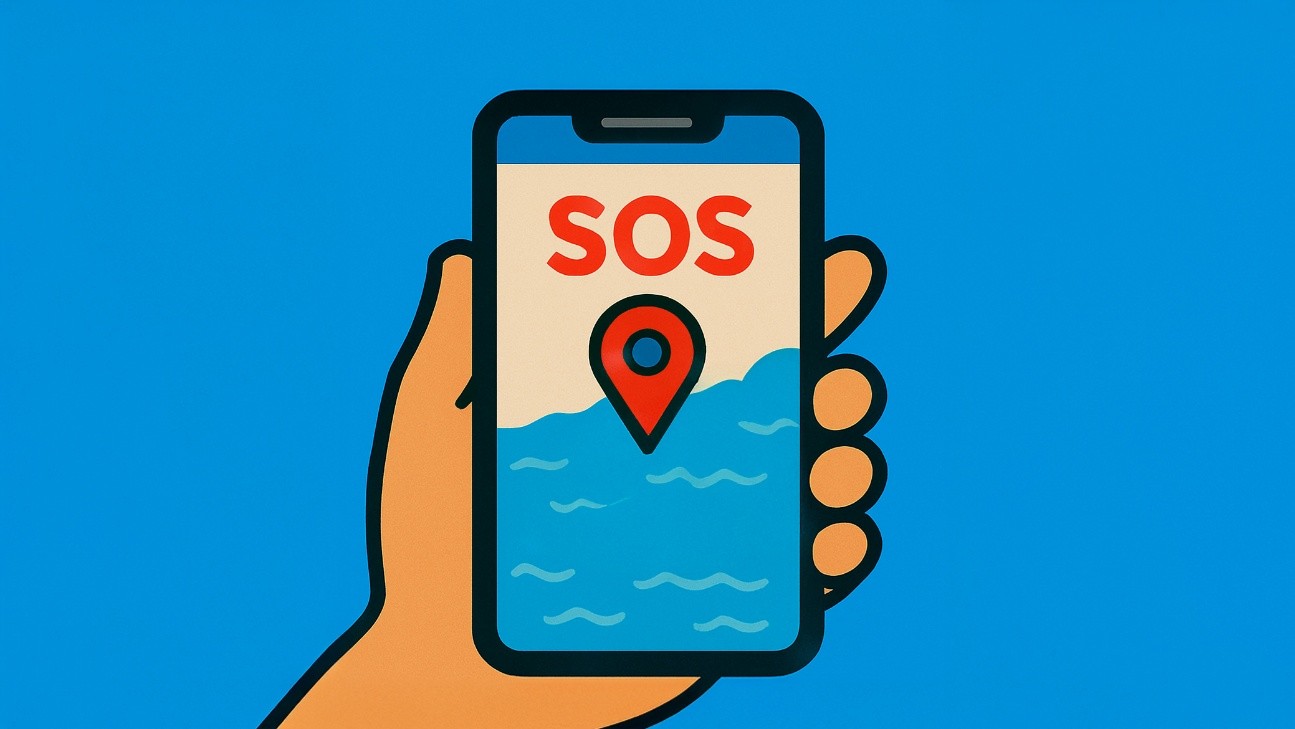 スマートフォンの画面に現在地とSOSの文字が映し出されているイラスト